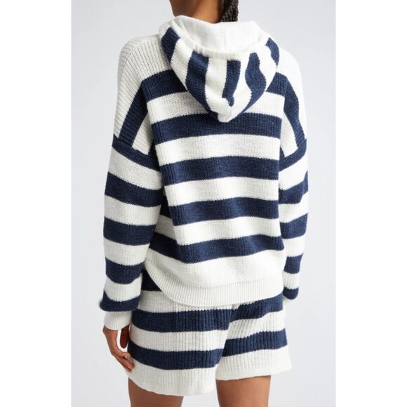 Eleventy Women's White Navy Blue Striped Cotton Linen Sweater Hoodie Size Large - Picture 3 of 7